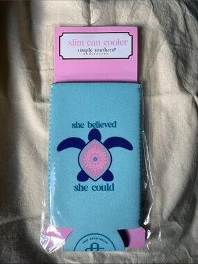 Simply Southern Light Blue Slim Can Cooler with Navy and Pink Turtle